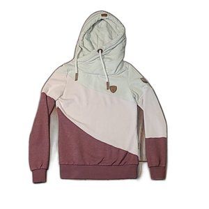 Wanakome Selene Asymmetrical Hooded Cowl Neck Pullover Color Block Fleece Lined